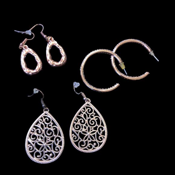 Earrings Set of 3, Hoops, Hammered, and Teardrops in Rose Goldtone - Picture 7 of 12